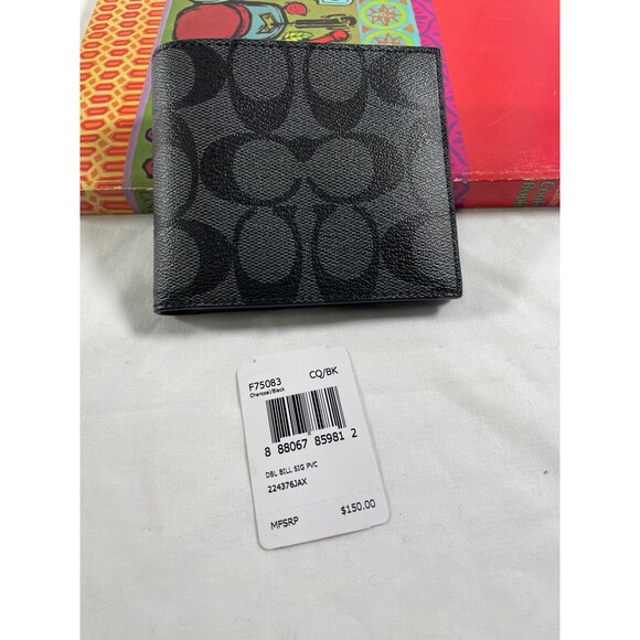 NWT Coach Men Compact Billfold Wallet Signature Charcoal Black - Picture 1 of 4